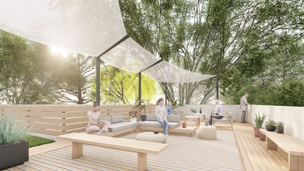 Rooftop lounge rendering with shade sails, built-in wood bench seating, and greenery at creative office