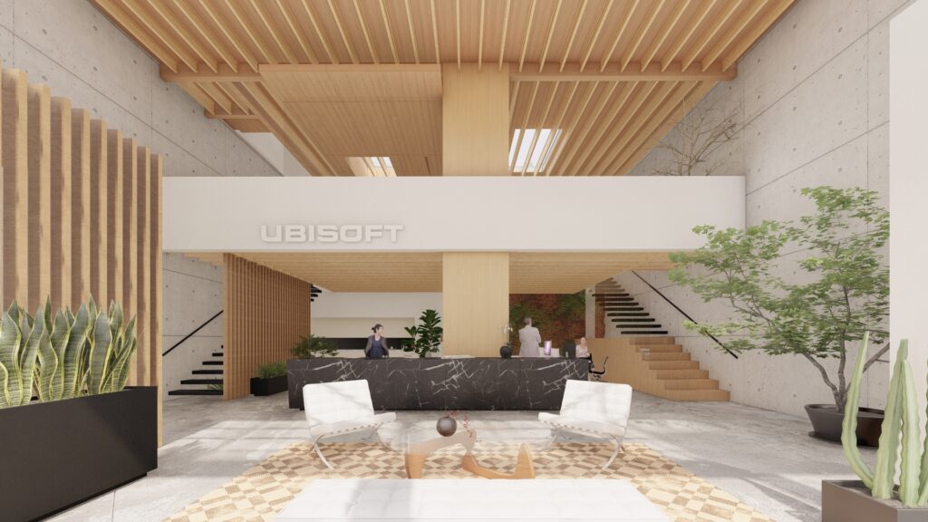 Ubisoft office lobby rendering with concrete walls, wood slat ceiling, black marble reception desk, and dual staircases