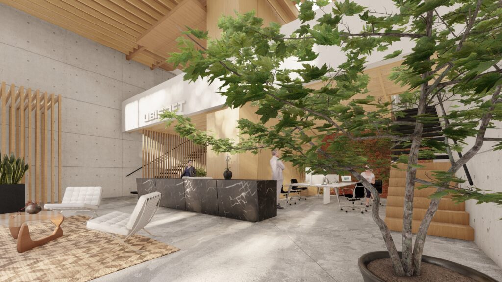 Ubisoft lobby rendering framed by tree with reception desk, concrete walls, and wood-slat staircase