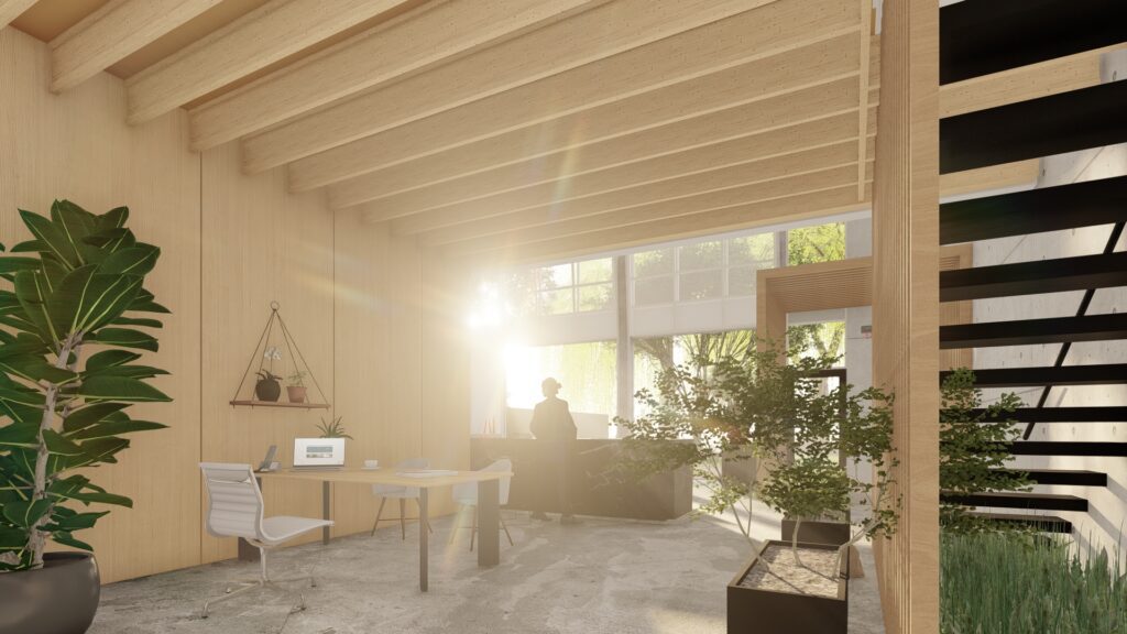 Sunlit wood-paneled workspace rendering with desk, windows, and staircase in creative office design