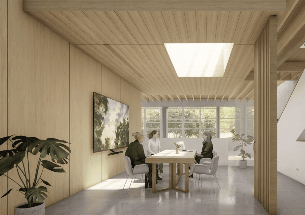 Wood-paneled conference room rendering with glass wall, meeting table, and skylight in modern creative office design